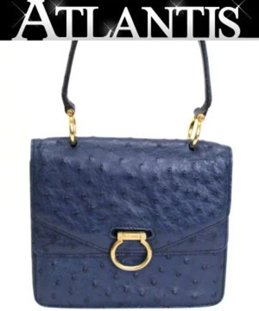 Celine Double Flap Handbag Ostrich Leather Blue